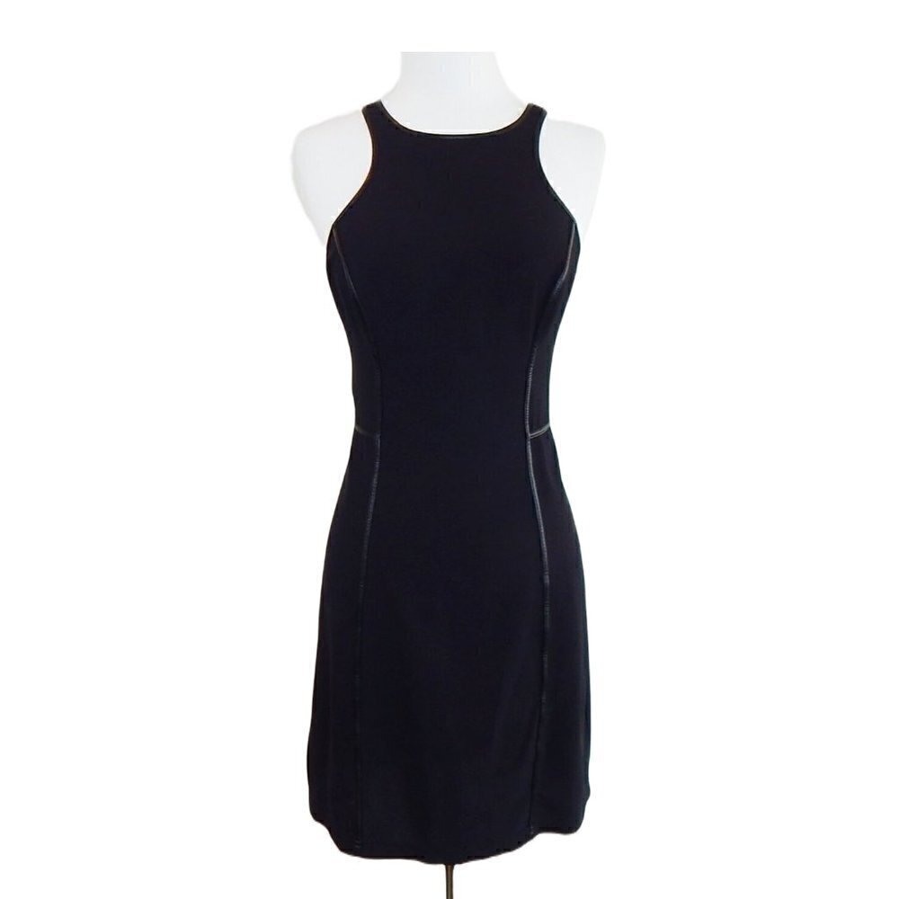 G By Guess Black Faux Leather Trim Stretch Bodycon Racerback Exposed Zip Dress M